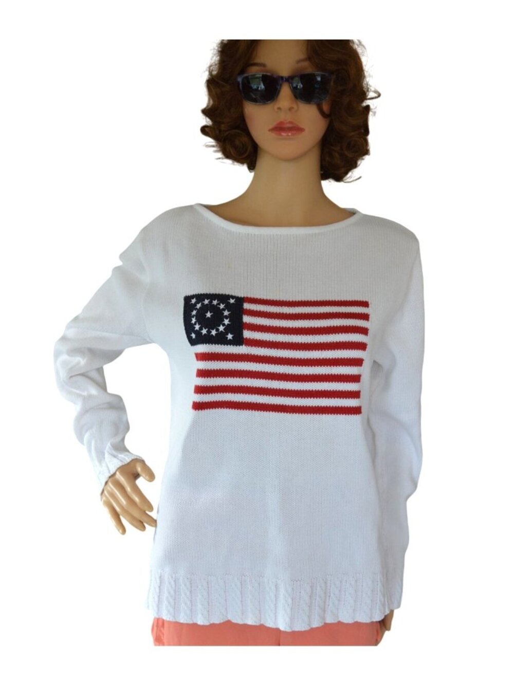 Vintage 90s Liz Claiborne Liz Sport Flag Sweater Women Size M White Cotton Knit